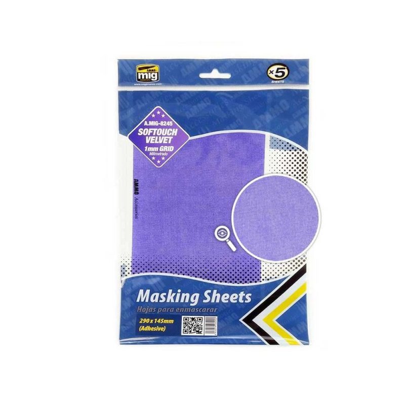 Softouch Velvet Masking Sheets 1mm Grid (x5 sheets, 290mm x 145mm, adhesive) Ammo A.MIG-8245