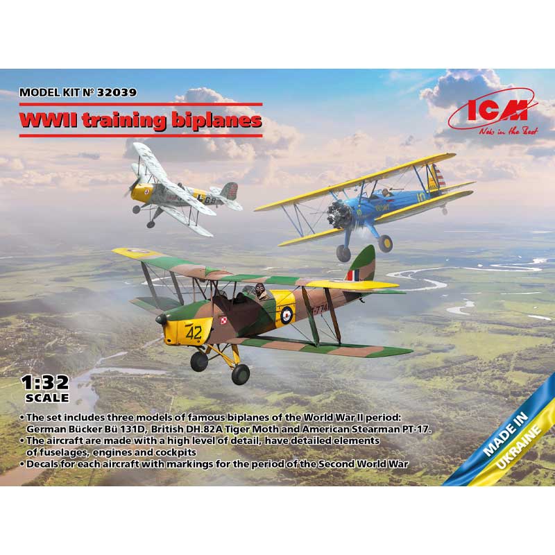 1/32 WWII training biplanes (Bucker Bu 131D, de Havilland DH.82A Tiger Moth and Stearman PT-17) 32039 ICM
