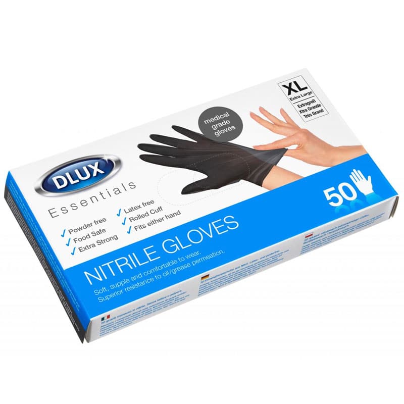 50x Nitrile Disposable Black Gloves Extra-Large 2975 Dlux