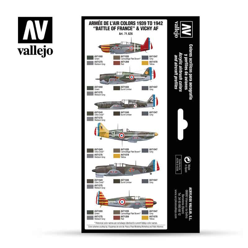 Vallejo Paint Set Armee de lAir colors 1939 to 1942 Battle of France & Vichy AF 71.626