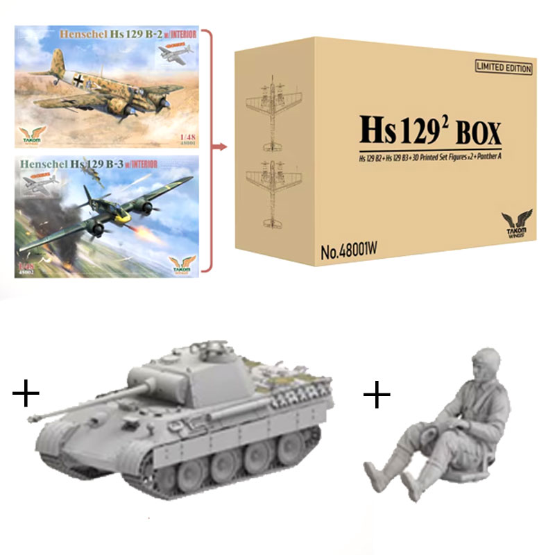 Takom HS129 Box - Henschel HS 129 B-2 & B-3. Panther A, 2x Pilots (1/48) 48001W