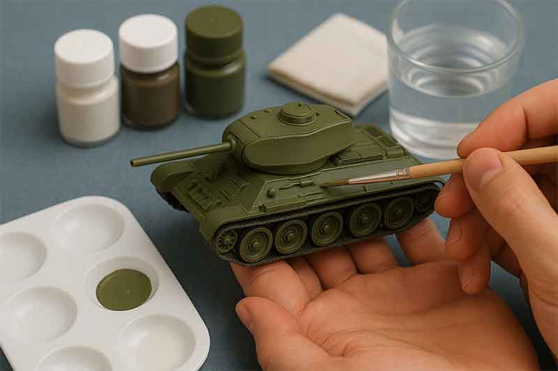 Hand-brushing acrylic paint onto a 1/35 scale tank model with a fine detail brush